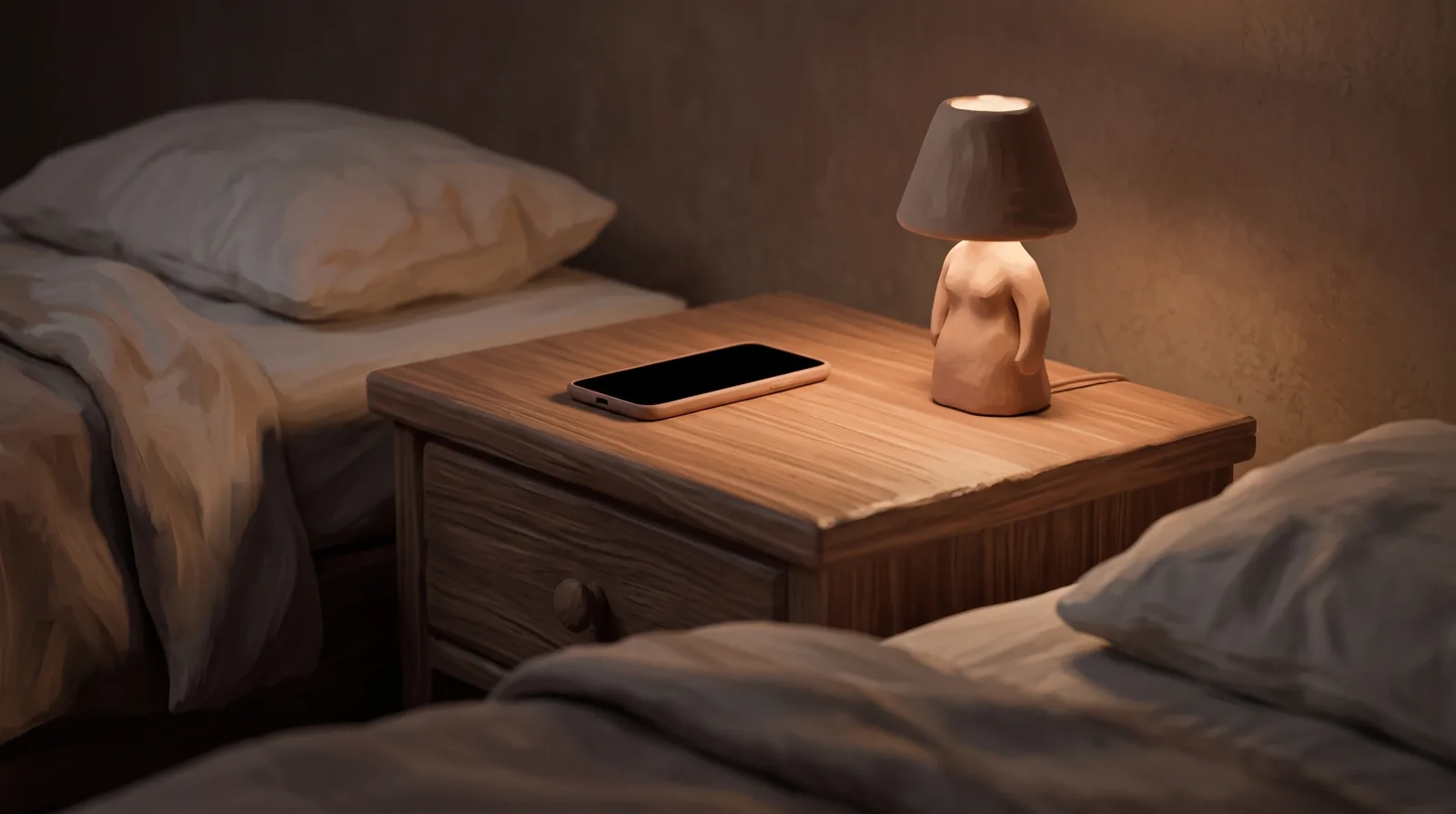 A phone lying face-down on a nightstand under warm lamp light at night.