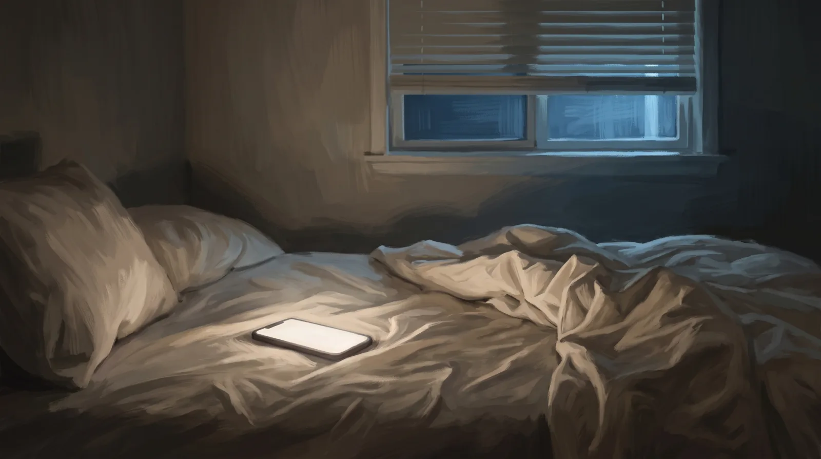 A phone glows on a bed in a dark bedroom, faint light from a window in the background.