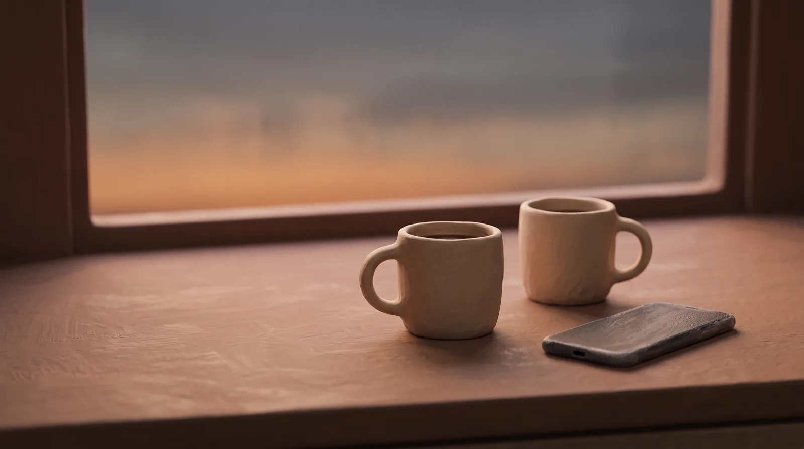 Two mugs and a phone face-down on a kitchen counter at dusk.