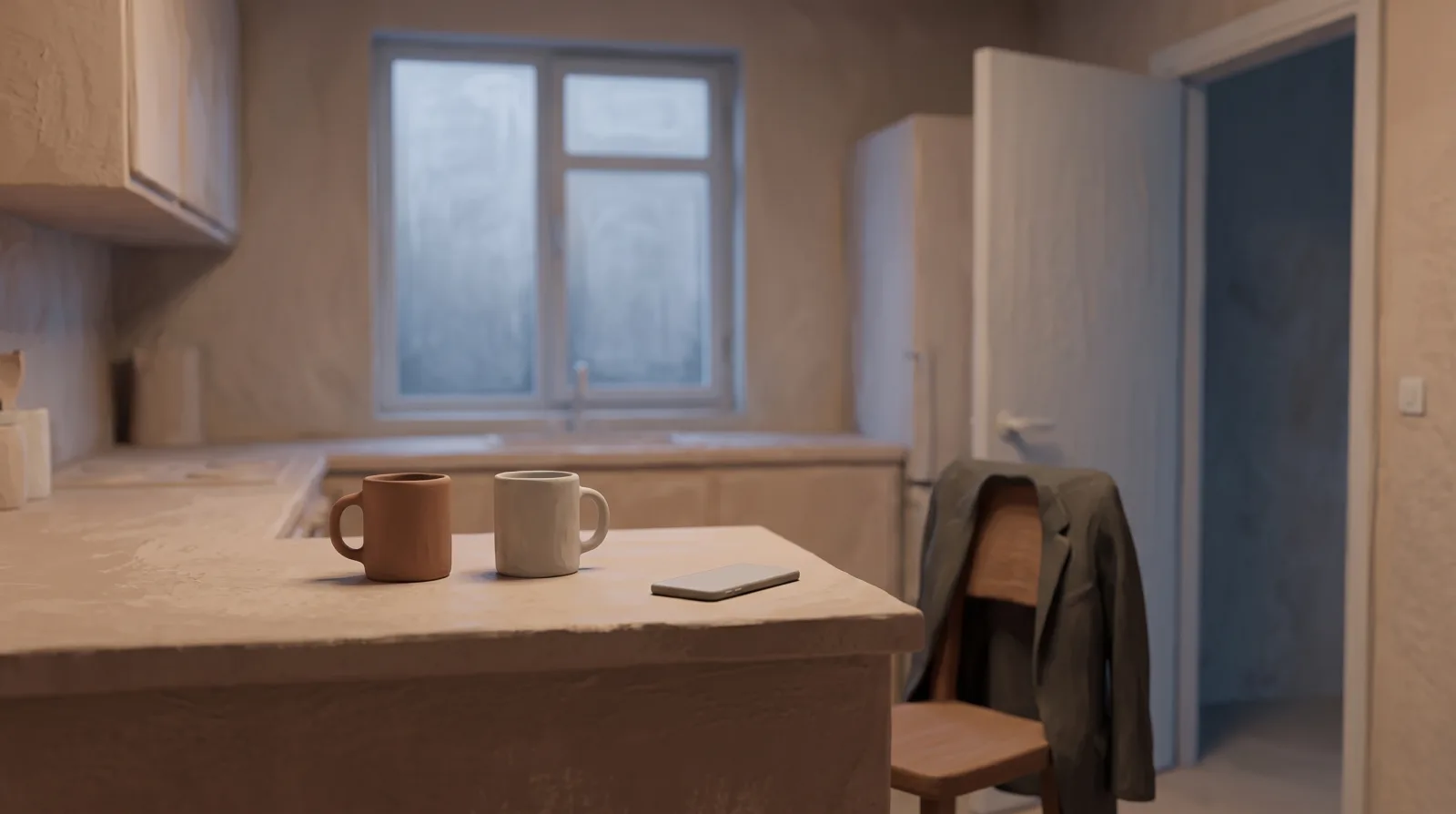 Two mugs and a phone on a kitchen counter beside a half-open door at dusk.