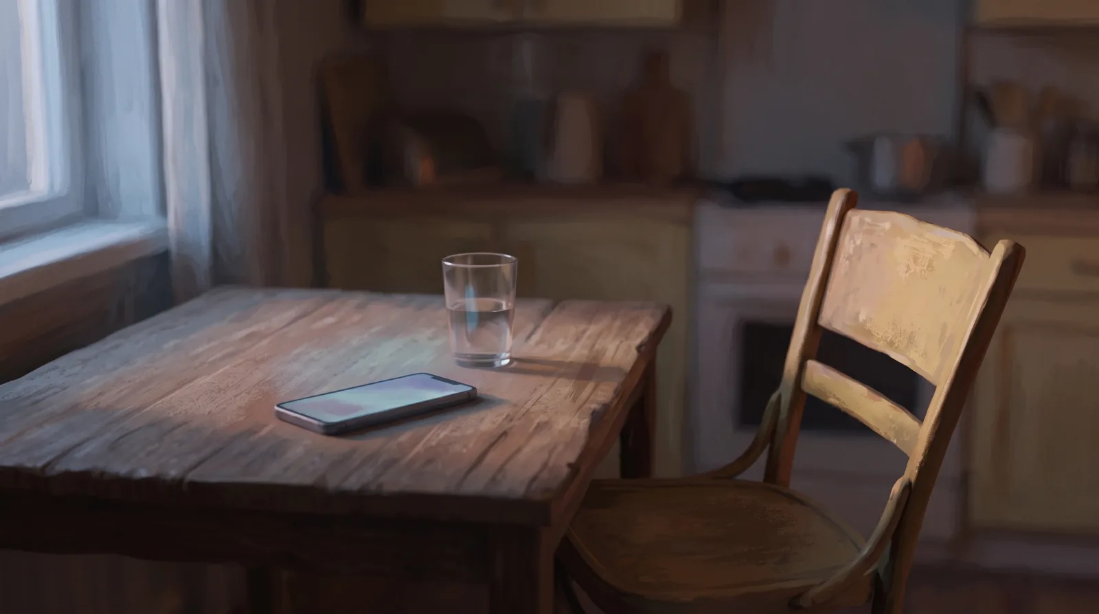 A phone glowing on a kitchen table beside a glass of water, chair pushed back, dim evening light.