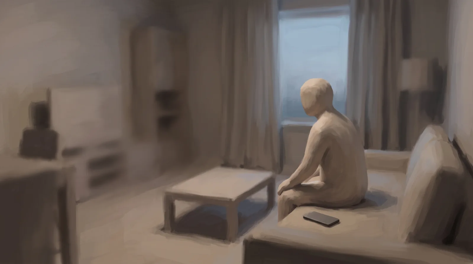 A person sits alone on a couch facing a window in dim evening light, phone face-down beside them.