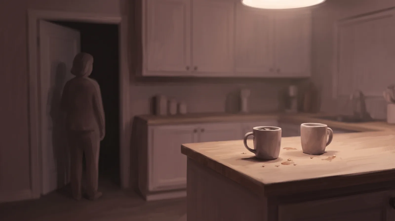 Two mugs left on a kitchen counter at dusk, one figure standing in the doorway from behind.