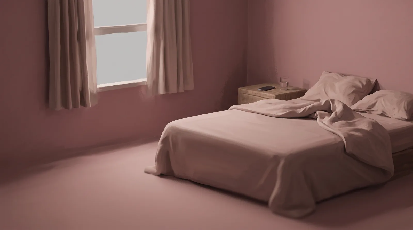 An unmade bed in morning light with a phone lying face-down on the nightstand.
