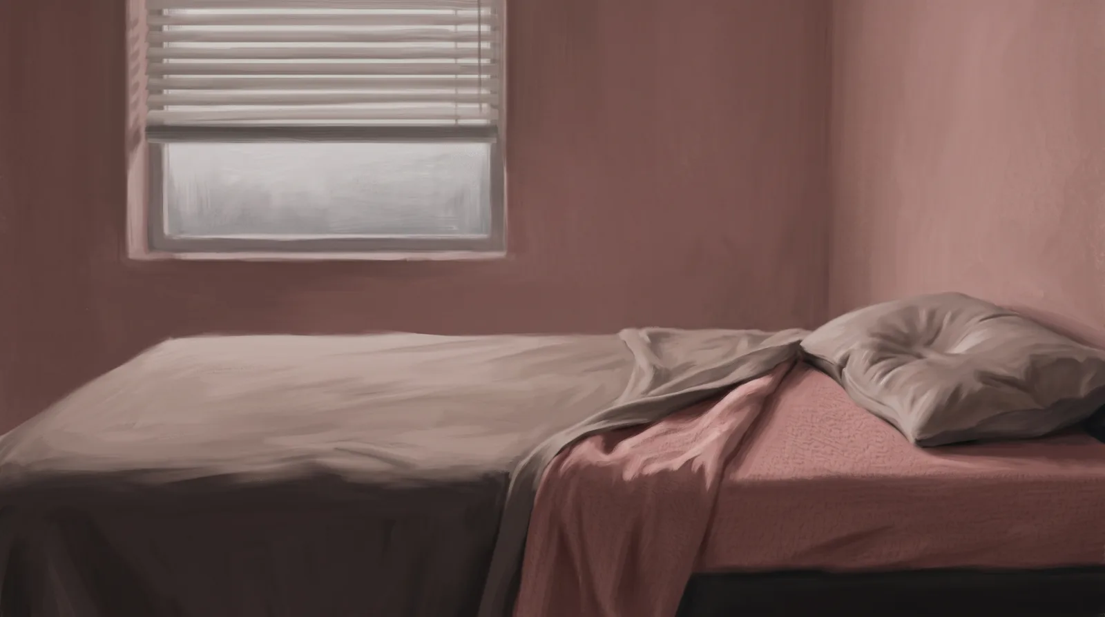 An unmade bed with one side untouched in early morning light.