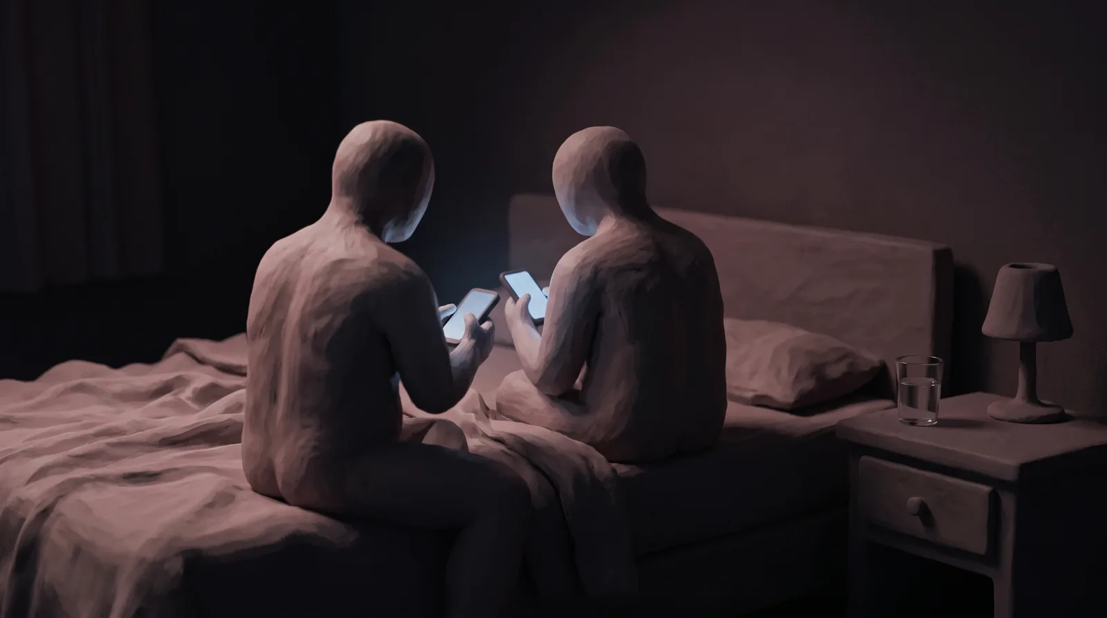 A person sits on a bed at night, viewed from behind, holding a glowing phone.