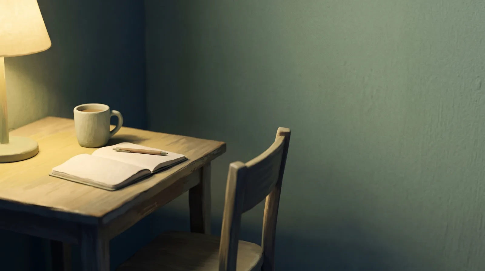 An open notebook and a cold mug of tea on a table lit by a single lamp at dusk.