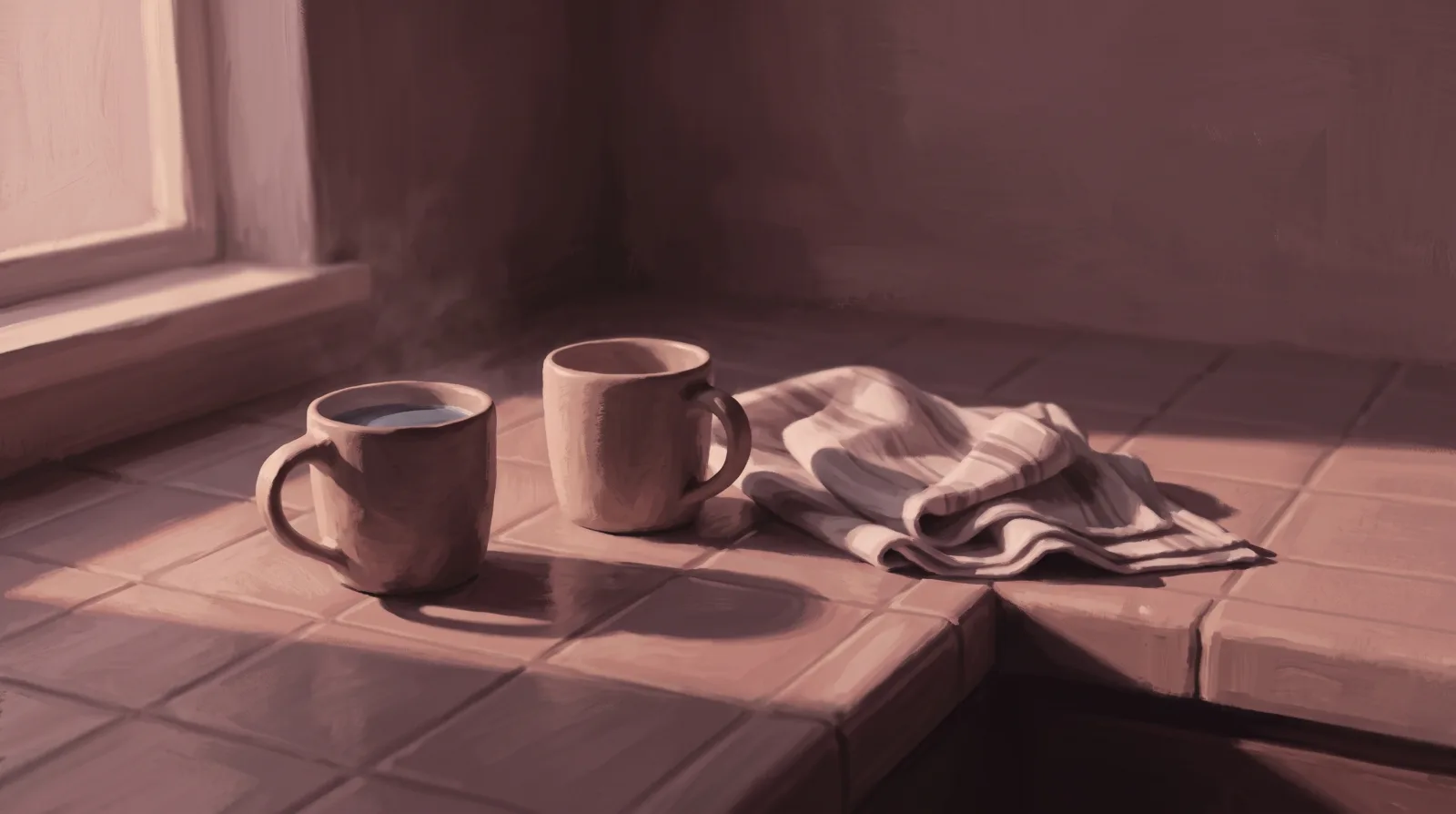 Two mugs on a kitchen counter in late afternoon light, one half empty.