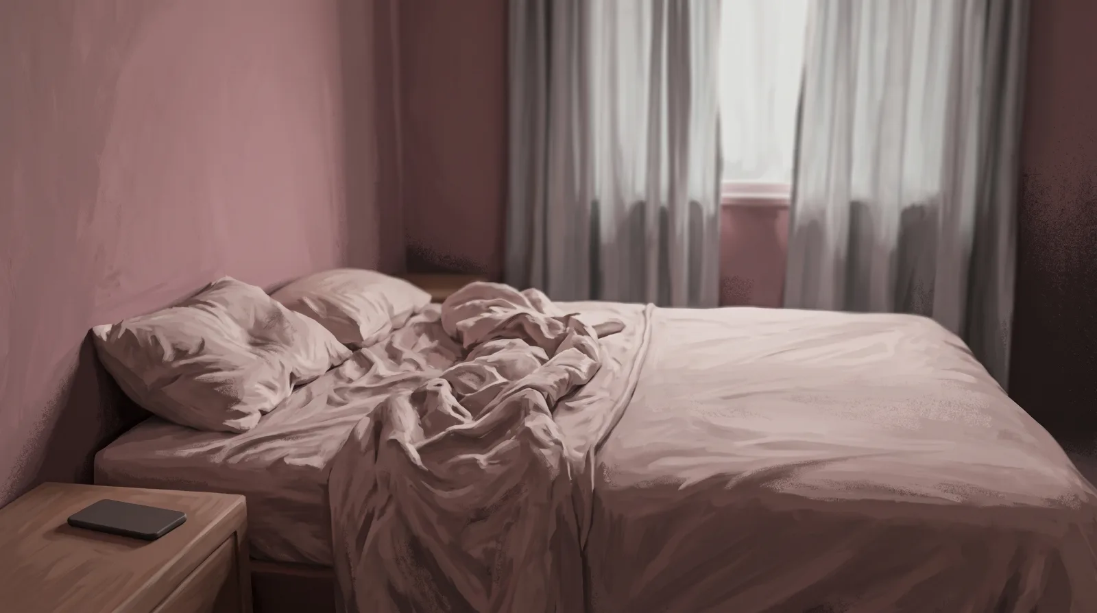 An unmade bed with one side flat, a phone face-down on the nightstand in early morning light.