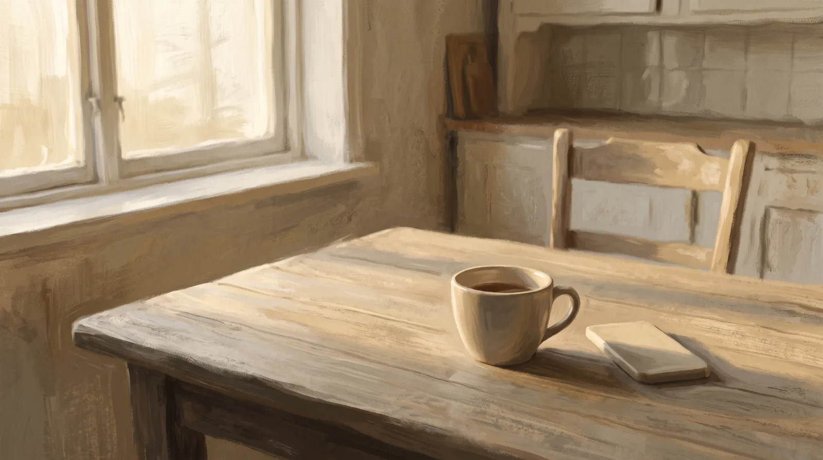 A phone resting face-down on a wooden table beside a cup of tea in afternoon light.