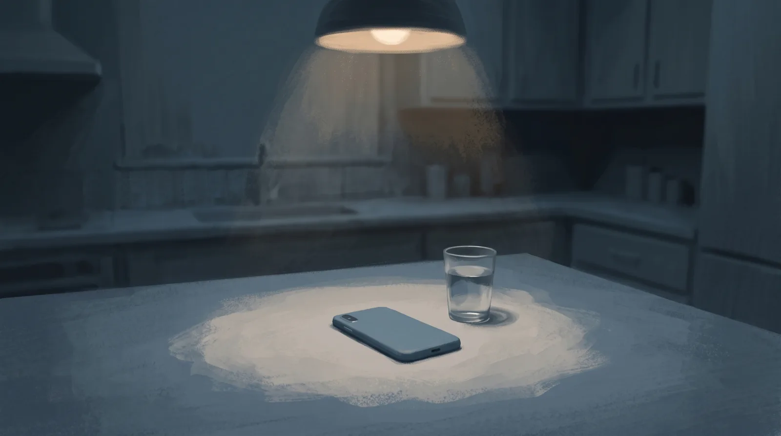 A phone lying face-down on a dim kitchen counter beside a glass of water at night.