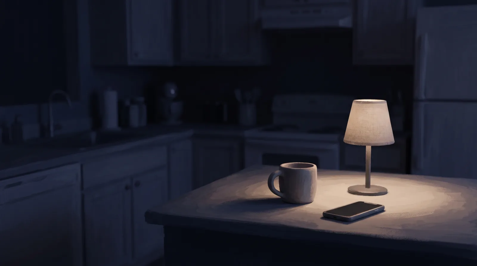 A lit kitchen counter at night with a cold mug of tea and a phone lying face down.