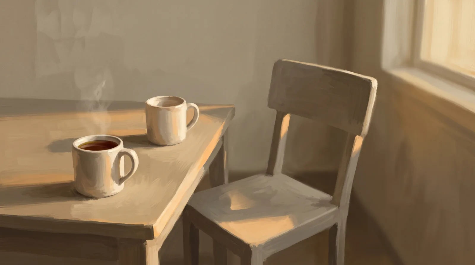 Two mugs on a kitchen table in late afternoon light, one chair pushed back and empty.