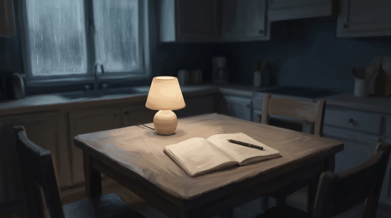 A lit lamp over an open notebook on a kitchen table at night, rain against the window behind it.