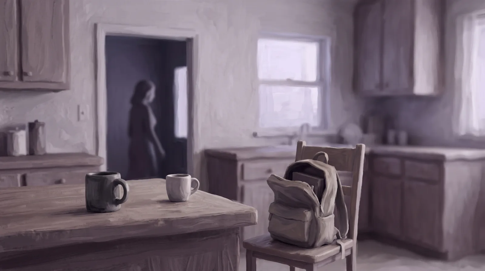 A kitchen counter at dawn with two mugs and an open backpack, a figure blurred in a doorway beyond.