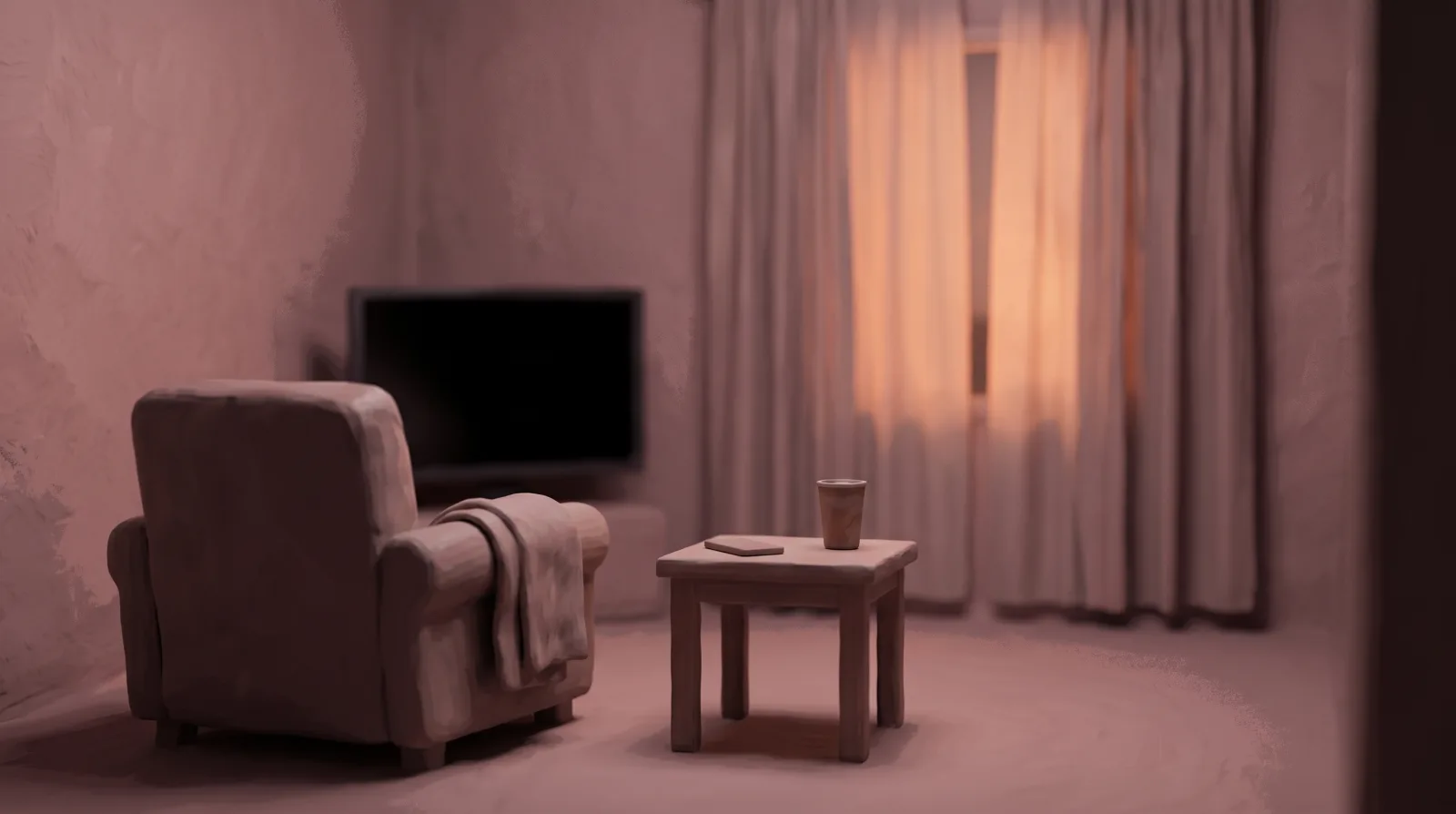 A phone lies face-down on a table next to a cup of tea in a dim living room.