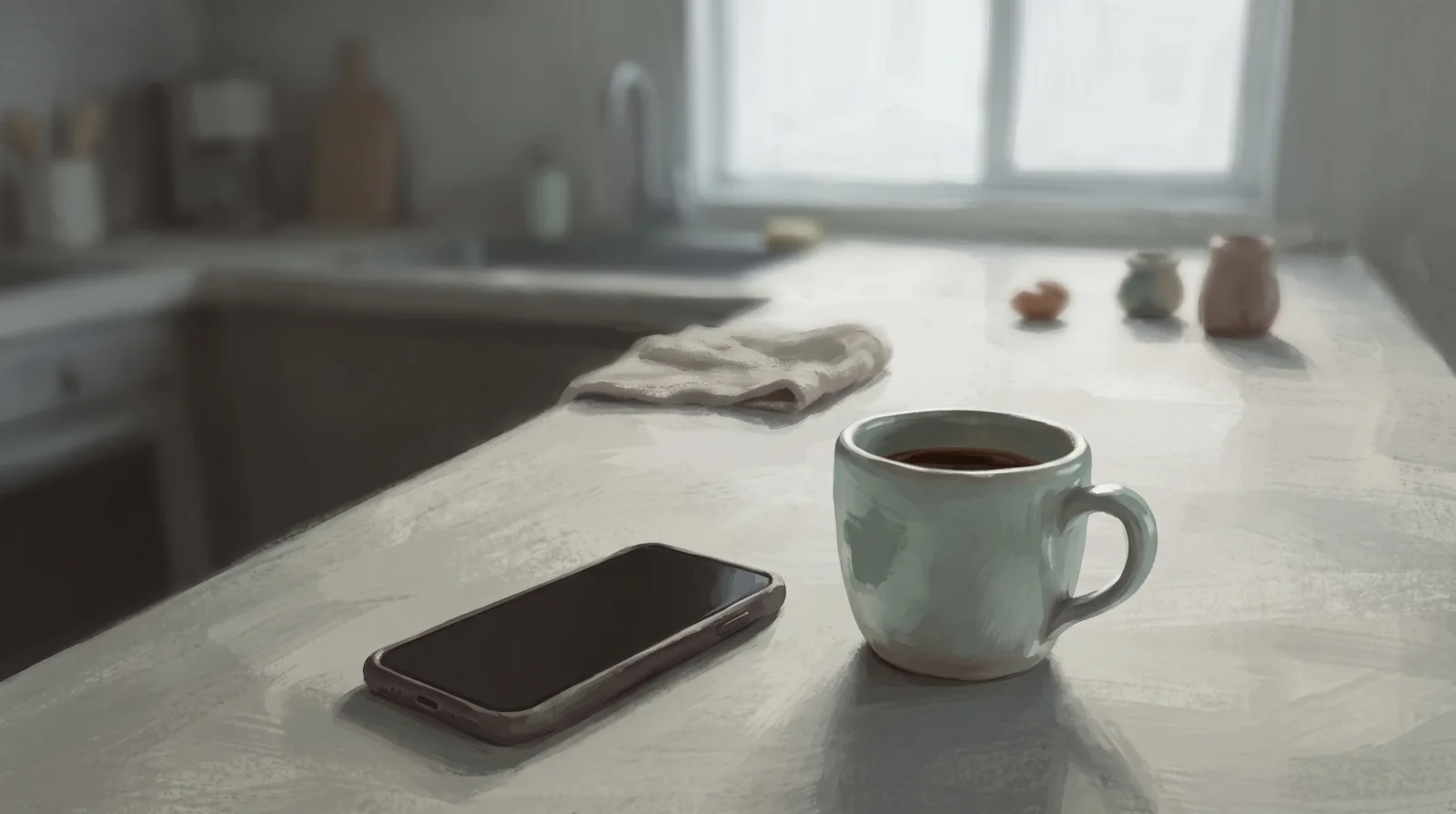 A phone face-down beside a cold mug of coffee on a quiet kitchen counter in early morning light.