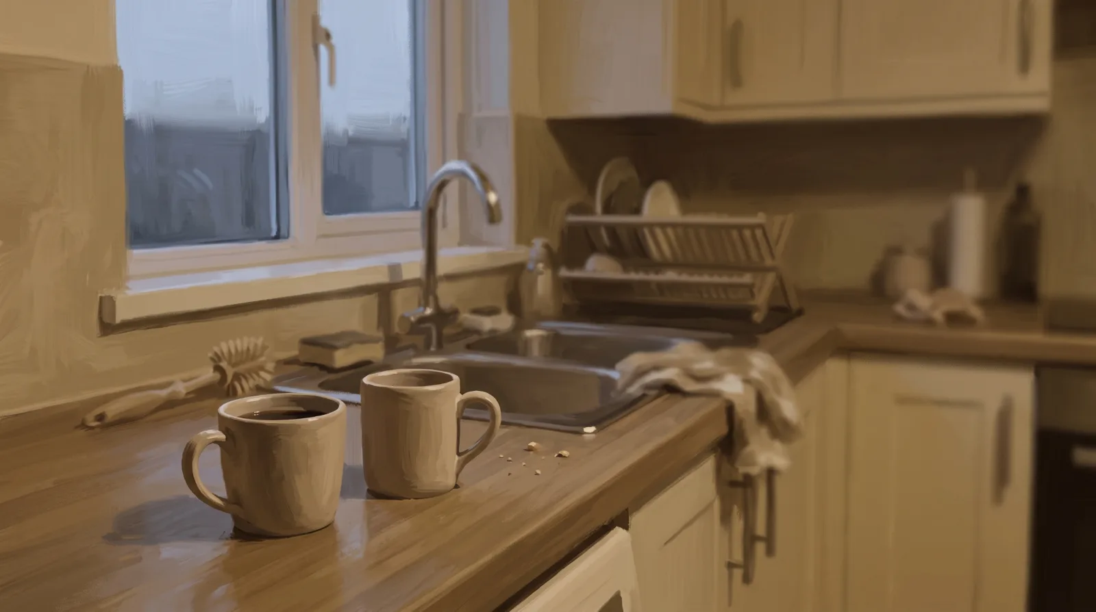 Two mugs left on a kitchen counter in soft evening light, no one else in the room.