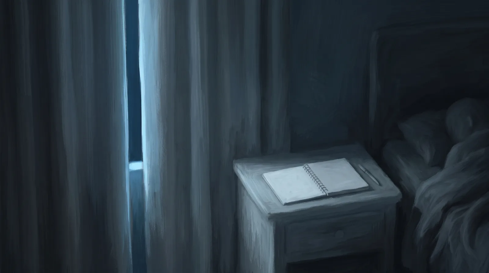 An open blank notebook and pen on a nightstand, lit by faint streetlight through curtains at night.
