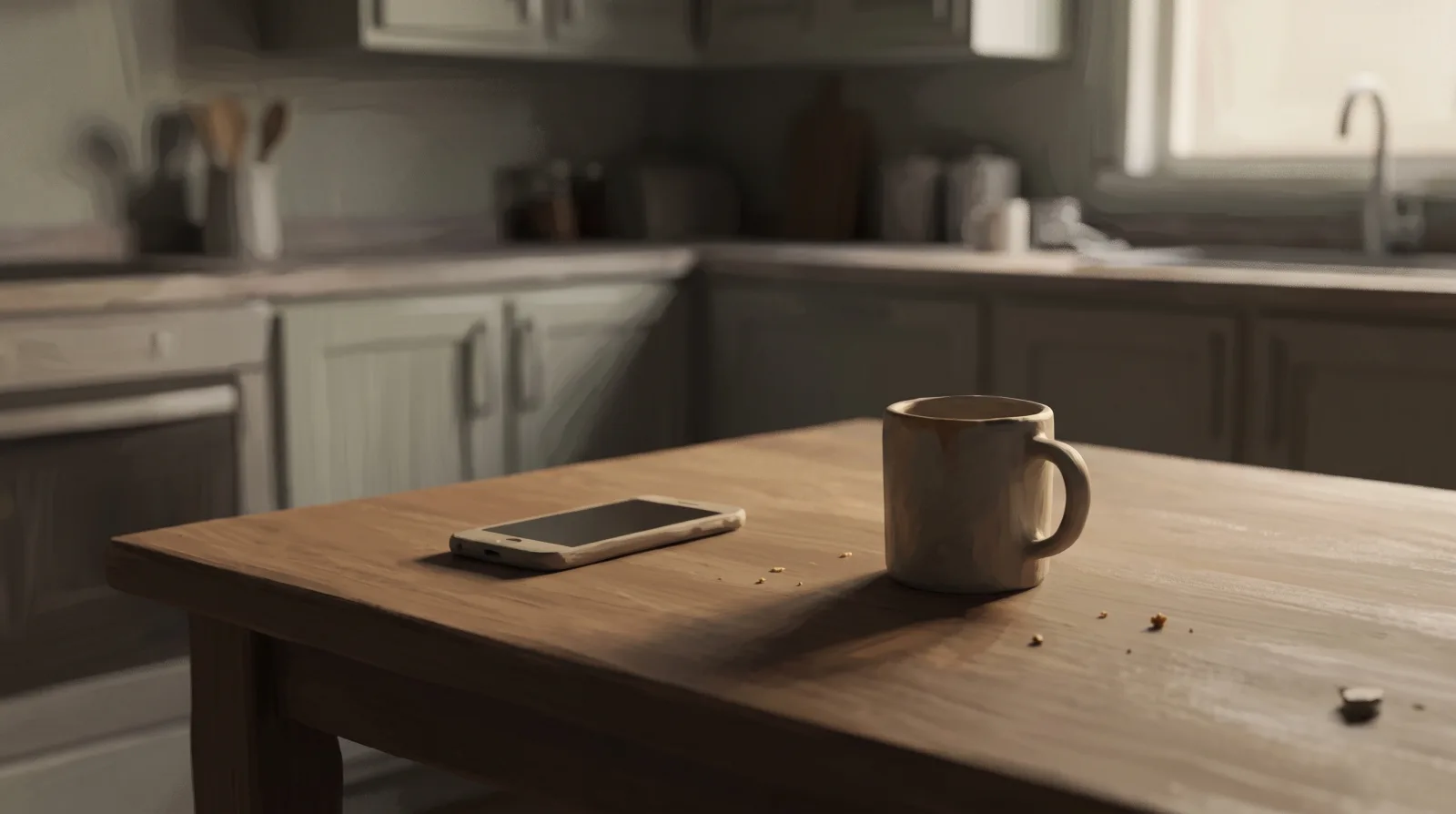 A phone lying face-down on a kitchen table beside a half-finished mug in evening light.