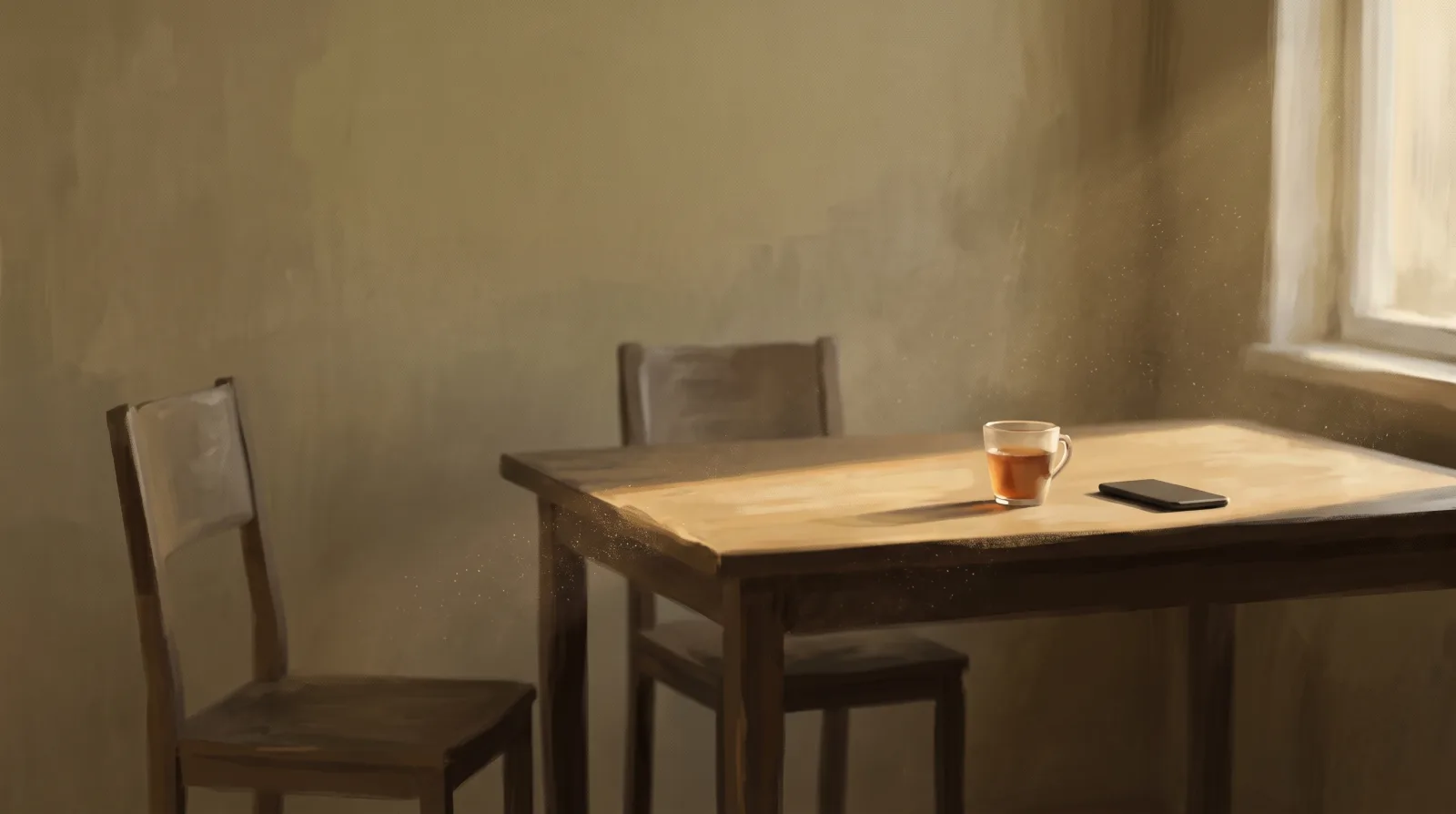 An empty chair at a kitchen table beside a phone lying face-down and a cold cup of tea.