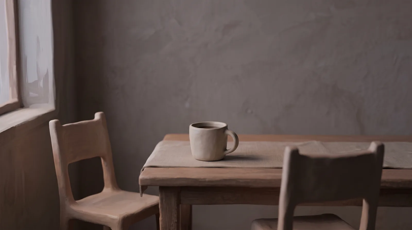 A kitchen table at dusk with two chairs pulled apart and a half-full mug of tea.