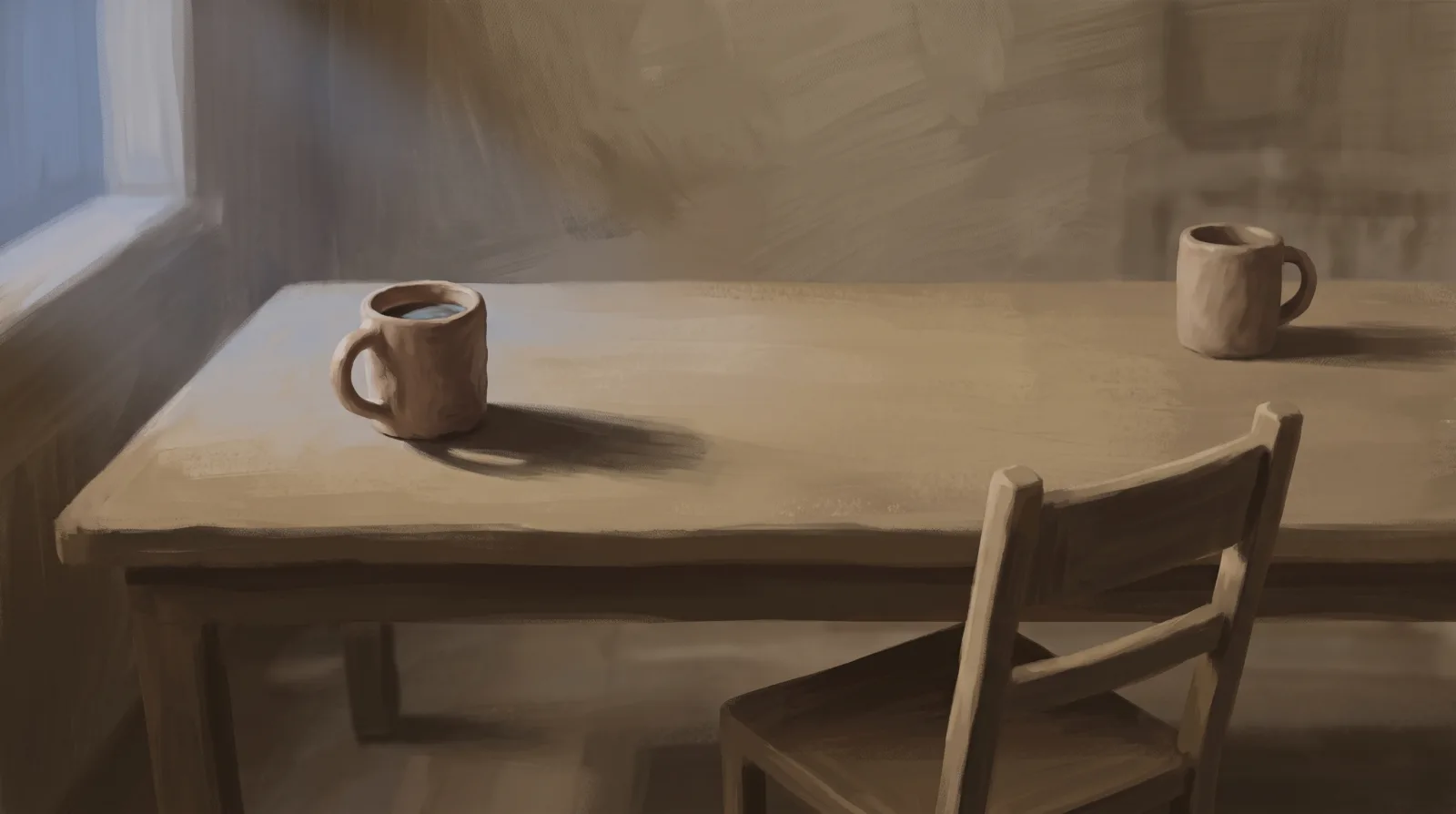 Two mugs on opposite ends of a kitchen table in dim evening light, one chair pushed back.