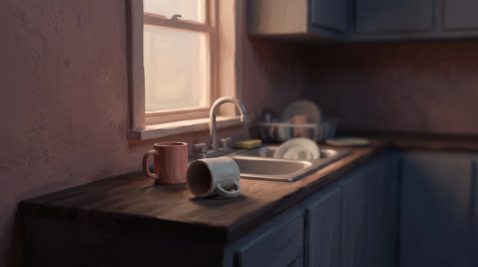 Two mugs left on a kitchen counter in fading evening light.
