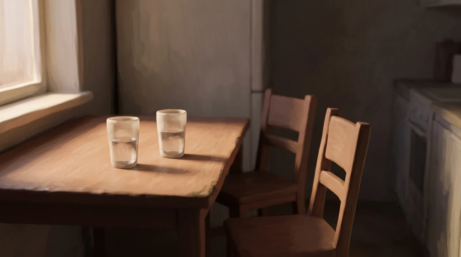 Two chairs pulled away from a kitchen table with two glasses of water left standing in fading light.