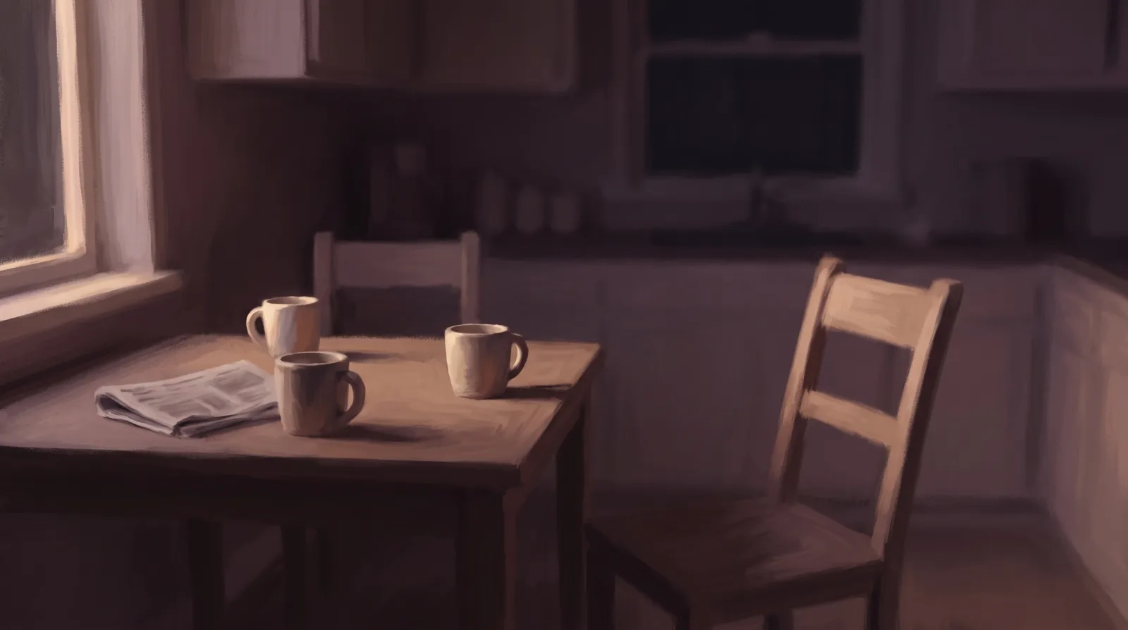 Two half-full mugs on a kitchen table at dusk with one chair pushed back.