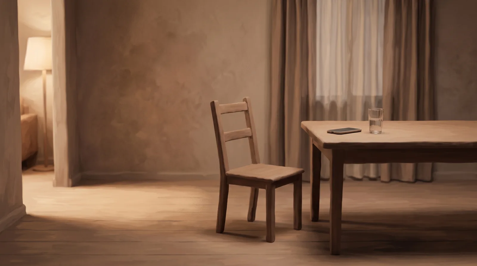 A quiet kitchen table with a chair pulled out and a phone lying face-down beside a glass of water.