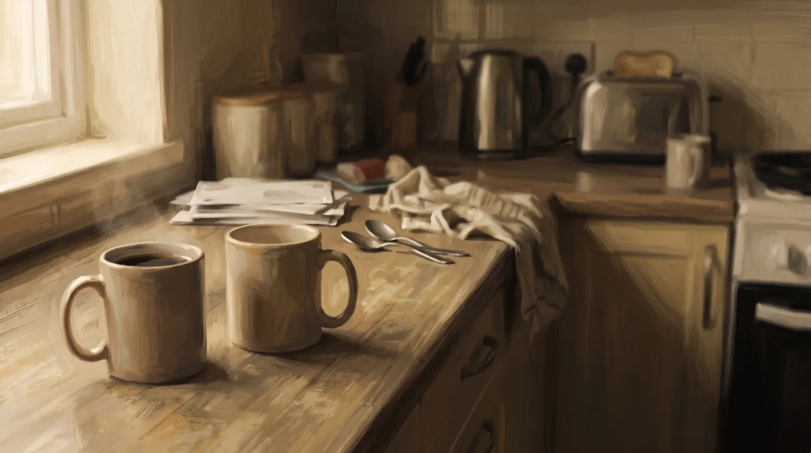 Two mugs left on a kitchen counter in soft evening light, one still full.