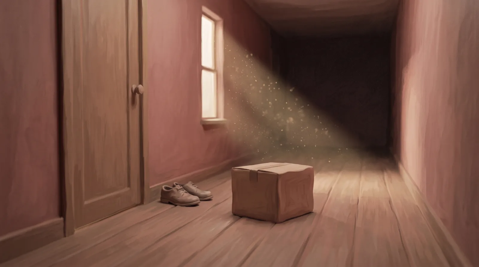 A closed cardboard box on a hallway floor near a front door in late afternoon light.