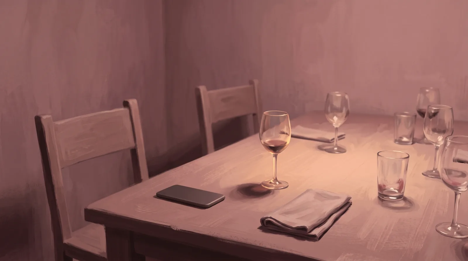 An empty kitchen table with two chairs pushed back and glasses left after guests have gone.