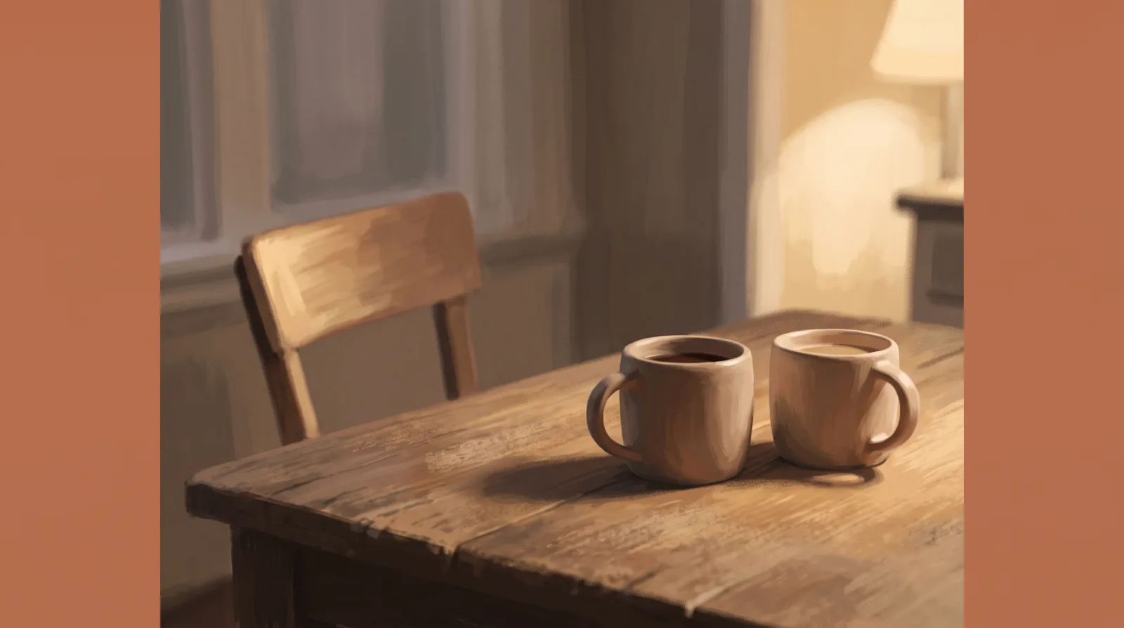 Two mugs on a kitchen table at dusk with one chair pulled back from the table.